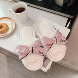 New Winter Cute Girl Heart Bowknot Cotton Slippers Female Autumn and Winter Indoor Non-slip  Plush Confinement  Shoes Warm Shoes