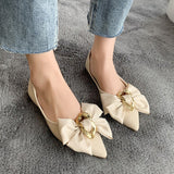 Rimocy Fashion Metal Decoration Bow Flats Women 2022 New Pointed Toe Slip-on Pumps Woman Comfortable Soft Bottom Office Shoes