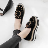 Brogue shoes striped creepers wedges moccasins crystal rivets metal buckle slip on platform flats shoes woman student square toe