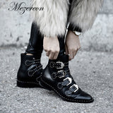 Women Ankle Boots Real Leather Rivets Buckle Punk Boots Woman Studded Gothic Designer Shoes Ladies Botas Mujer Plus Size 44