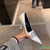 Europe and the United States bb letter metal buckle pointed high heels in autumn and winter2020new white fashion shoes for women