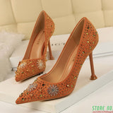 Women shoes  high heels Golden pearl crystal Rhinestone pointed toe Suede sexy pumps fashion kitten heel ladies shoes
