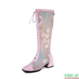 Summer New Fashion National Style Women Genuine Leather Mesh Flowers Knee-High Long Boots Ladies Cross-tied Boots 200423
