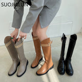 SUOJIALUN New Brand Women Buckle Knight Boots Ladies High Quality Soft PU Leather Long Boot Round Toe Slip on Knee-High Boot Sho