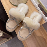 Ladies Plush Slippers Autumn Winter New Baotou Furry Mules Shoes Women Outdoor Wear Bowknot Warmth Flat-bottomed Cotton Slippers