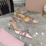 Rhinestone Baotou sandals 2021 new summer fairy wind pointed pink high-heeled bow tie thin heel winding bandage