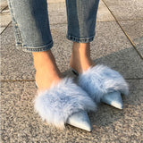 real rabbit fur women slippers pointed toe slides shoes with long fur mules woman luxury pantoufle femme real furry footwear 616