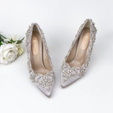 Wexleyjesus Wedding Shoes Luxury Design Higher Quality Satin Full Stone Rhinestone Pointed Toe Bride Pumps Fat Square Clear Higher Heels