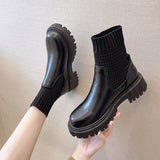 Fashion Knit Patchwork Platform Ankle Boots Women 2022 Spring Non-slip Patent Leather Boots Woman Round Toe Square Heel Shoes