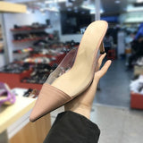 Pointed Half Slippers Women's 2022  Spring Korean Color Matching Thin Heeled Baotou Transparent High Heels Outer Wear Slippers