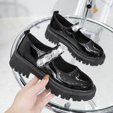 Rimocy Shining Crystal Women's Mary Janes Shoes 2022 Spring Pu Leather Flat Shoes Woman Med Heels Non-slip Platform Casual Shoes