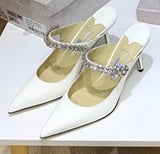 New Pointed Toe Rhinestone Mules Half Slippers White Patent Leather Low-Cut French High Heel Women's Sandals