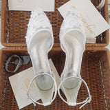 Ivory Color Lace Wedding Shoes For Bridal Pointed Daily Working Sandal Ankle Strap Bridesmaid Dress Flats Casual