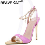 REAVE CAT 2022 Women's Sandals Peep Toe Chain Strap High Thin Heels Sexy Large Size 36-43 Black White Pink Elegant Summer S3143