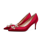 Pointed Pearl Flat Women Shoes Wedding Shoes Red Silk Sexy High Heel Shoes Banquet Party Shoes 1cm-9cm Pumps