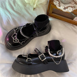 New Gothic Black Punk Loli Women Anime Shoes Pearl Chain Cosplay Goth Platform Mid Heel Female Fashion Pu Cos Lolita Shoes