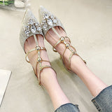 Rimocy Fashion Crystal Party Shoes Ladies 2022  Sexy Pointed Toe Thin Heels Pumps Women T-strap Metal Chain High Heel Shoes Woman