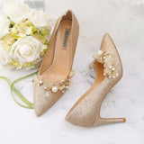 Wexleyjesus Golden Bride Pumps Sequined Wedding Shoes Dress Bridal Annual Meeting Banquet Genuine Leather Date Party 9cm High Heels