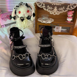 New Gothic Black Punk Loli Women Anime Shoes Pearl Chain Cosplay Goth Platform Mid Heel Female Fashion Pu Cos Lolita Shoes