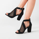 Party Hollow out peep toe pu pumps women european solid ankle buckle band single shoes cut out thick high heels shoes woman