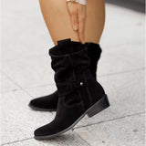 Winter Warm Women Boots Zipper Suede Boots Shoes for Women 2021 Buckle Vintage Lady Mid-Calf Boot Thick Low Heel Female Pumps