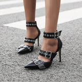 New Summer Lady Pumps Pointed Toe Metal Buckle Stilettos PU Leather Fashion Women Shoes Thin High Heel Ladies Sandals