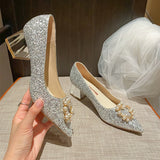 5cm New Fashion Sequins with Crycle Pearl Beading Sexy Block Heels Banquet Party Women Shoes 41 42 43