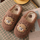 Kawaii Embroidery Bear Home Slippers Women Fashion Couple Soft Indoor Slippers Winter Plush Zapatillas Mujer Warm Ladies Shoes