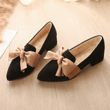 New Winter Velvet Thick Warm Shoes Bow Suede Pointed Toe High Heels-Style Chunky-Heel Evening Shoes