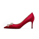 Pointed Pearl Flat Women Shoes Wedding Shoes Red Silk Sexy High Heel Shoes Banquet Party Shoes 1cm-9cm Pumps