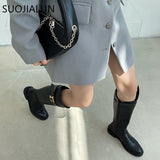 SUOJIALUN New Brand Women Buckle Knight Boots Ladies High Quality Soft PU Leather Long Boot Round Toe Slip on Knee-High Boot Sho