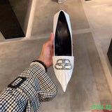 Europe and the United States bb letter metal buckle pointed high heels in autumn and winter2020new white fashion shoes for women