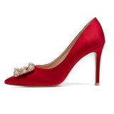 Pointed Pearl Flat Women Shoes Wedding Shoes Red Silk Sexy High Heel Shoes Banquet Party Shoes 1cm-9cm Pumps