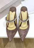 New Pointed Toe Rhinestone Mules Half Slippers White Patent Leather Low-Cut French High Heel Women's Sandals