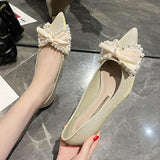 Rimocy Pearl Bowtie Party Pumps Women Sexy Lace Pointed Toe Banquet Wedding Shoes Woman String Bead Comfort Low Heels Shoes