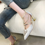 Rimocy Fashion Crystal Party Shoes Ladies 2022  Sexy Pointed Toe Thin Heels Pumps Women T-strap Metal Chain High Heel Shoes Woman