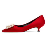 Pointed Pearl Flat Women Shoes Wedding Shoes Red Silk Sexy High Heel Shoes Banquet Party Shoes 1cm-9cm Pumps