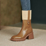 Square toe soft leather boots Medium boot high heel Brown Martin for ladies single boot thick heel