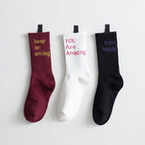 Women Socks Unisex Pure Cotton Breathable Japanese Autumn Letter Print Street Style Jacquard Solid Color Middle Tube Soft Fun