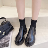 Fashion Knit Patchwork Platform Ankle Boots Women 2022 Spring Non-slip Patent Leather Boots Woman Round Toe Square Heel Shoes