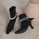 New women's shoes French pearl chain Martin boots pointy sexy skinny ankle boots skinny heels nude boots