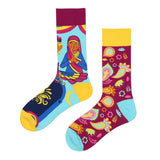 Colorful Printed Cotton Socks Women Hip Hop AB Side Long Socks Female Harajuku Asymmetry Funny  Socks Unisex Calcetine mujer