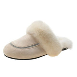 Ladies Plush Slippers Autumn Winter New Baotou Furry Mules Shoes Women Outdoor Wear Bowknot Warmth Flat-bottomed Cotton Slippers