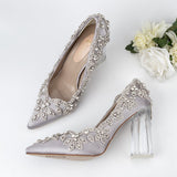 Wexleyjesus Wedding Shoes Luxury Design Higher Quality Satin Full Stone Rhinestone Pointed Toe Bride Pumps Fat Square Clear Higher Heels