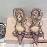 Rhinestone Baotou sandals 2021 new summer fairy wind pointed pink high-heeled bow tie thin heel winding bandage