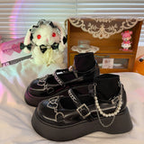 New Gothic Black Punk Loli Women Anime Shoes Pearl Chain Cosplay Goth Platform Mid Heel Female Fashion Pu Cos Lolita Shoes