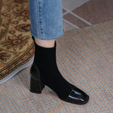 French Square Toe Retro Ankle Boots Women Suede Stitching Side Zipper Thick Heel Chelsea Boots 7CM High-heeled Knight Boots