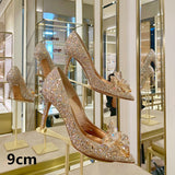 2023 New Summer Silver Crystal High Heels Female Stiletto Princess Pointed Temperament Goddess Fan Wedding Shoes Bridal Shoes