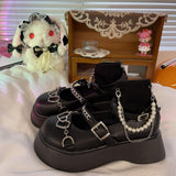 New Gothic Black Punk Loli Women Anime Shoes Pearl Chain Cosplay Goth Platform Mid Heel Female Fashion Pu Cos Lolita Shoes