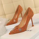Women shoes  high heels Golden pearl crystal Rhinestone pointed toe Suede sexy pumps fashion kitten heel ladies shoes
